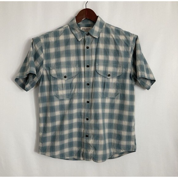 Filson Shirt Men’s M Teal Tan Feather Cloth Cotton Plaid Casual 200088229 - Picture 2 of 8